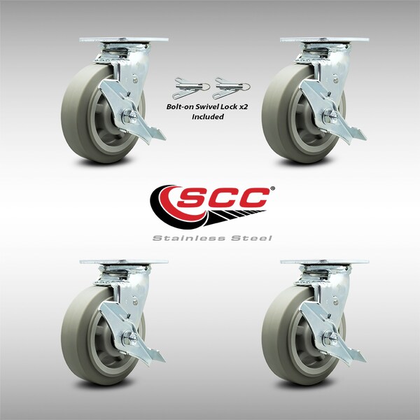 Service Caster 6 Inch SS Thermoplastic Caster Set with Roller Bearing 4 Brake 2 Swivel Lock SCC SCC-SS30S620-TPRRF-TLB-BSL-2-TLB-2 - main